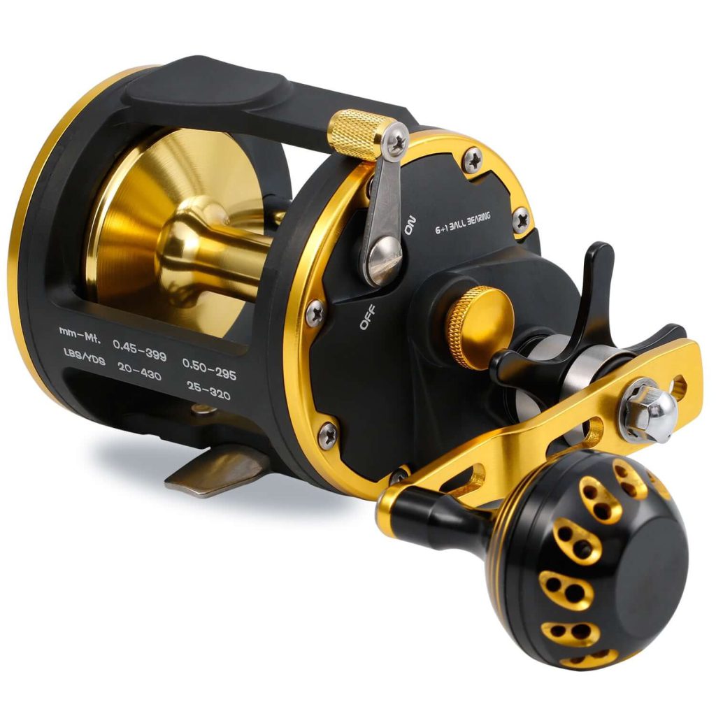 gold and black trolling fishing reel on a white background