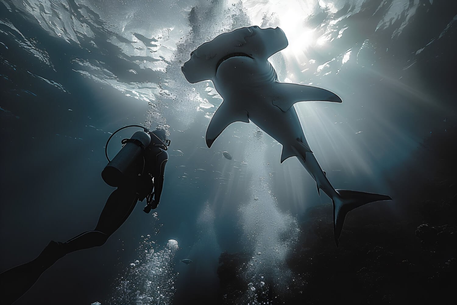 diver swiming close to a shark