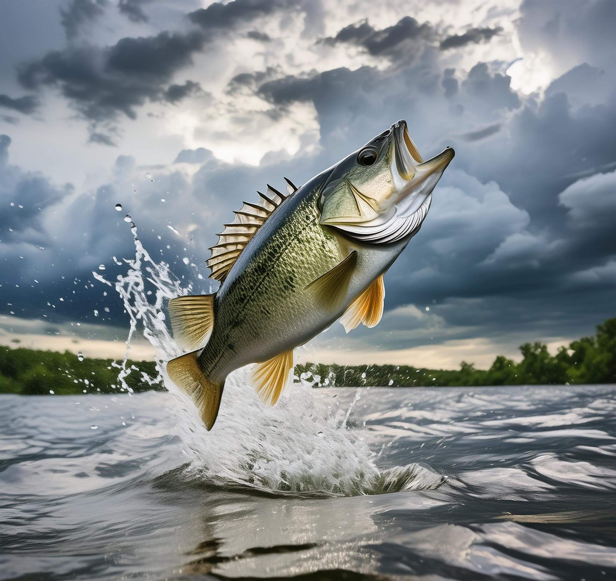 a bass jumping out of freshwater and the sky is completely stormy